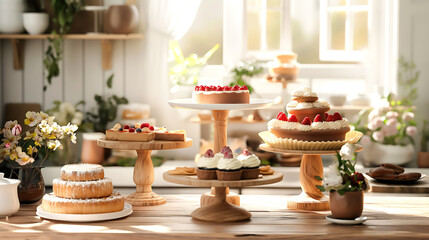 Fototapeta premium Sweet pastries with berries, An assortment of cakes and pies arranged on elegant stands in a pastry shop