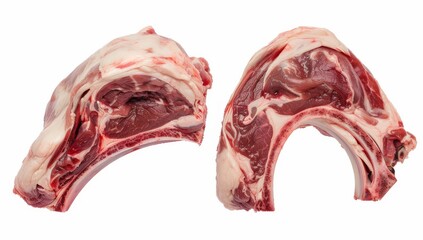 Obraz premium Two lamb chops shoulders, each cut in half and marbled with fat on a white isolated transparent background. Food photography.