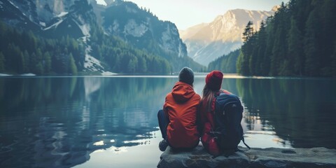 A couple sits by a tranquil lake, surrounded by lush forest and mountains, reflecting the breathtaking beauty of nature and an adventurous spirit.