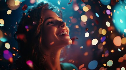 Joyful Woman Celebrating with Colorful Confetti and Bokeh Lights in a Festive Atmosphere
