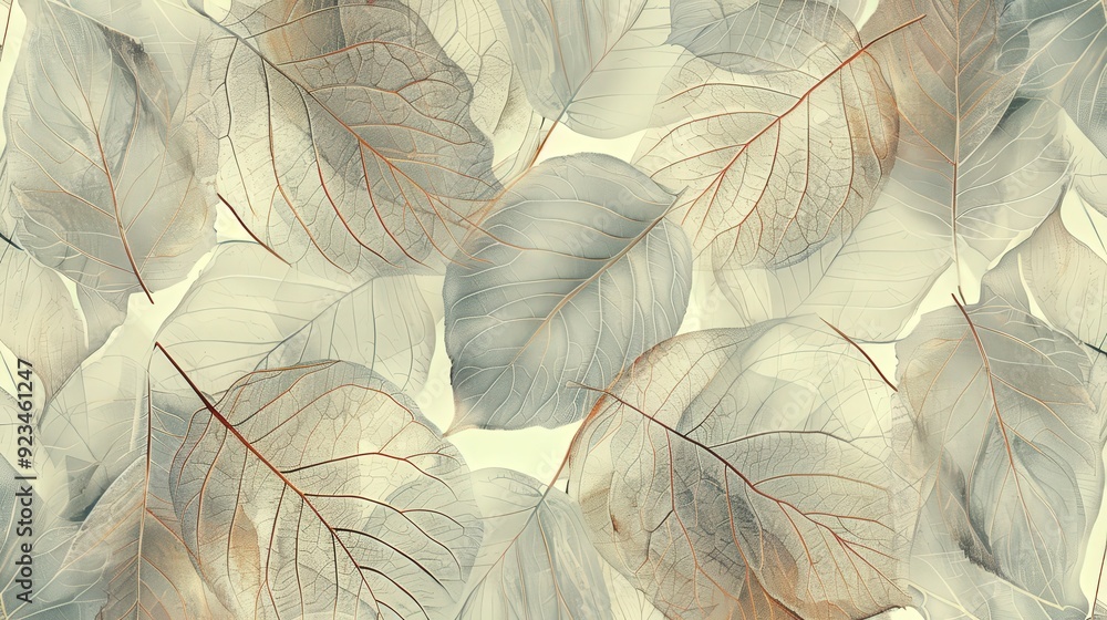Poster an intricate leaf pattern with overlapping leaves and detailed vein patterns