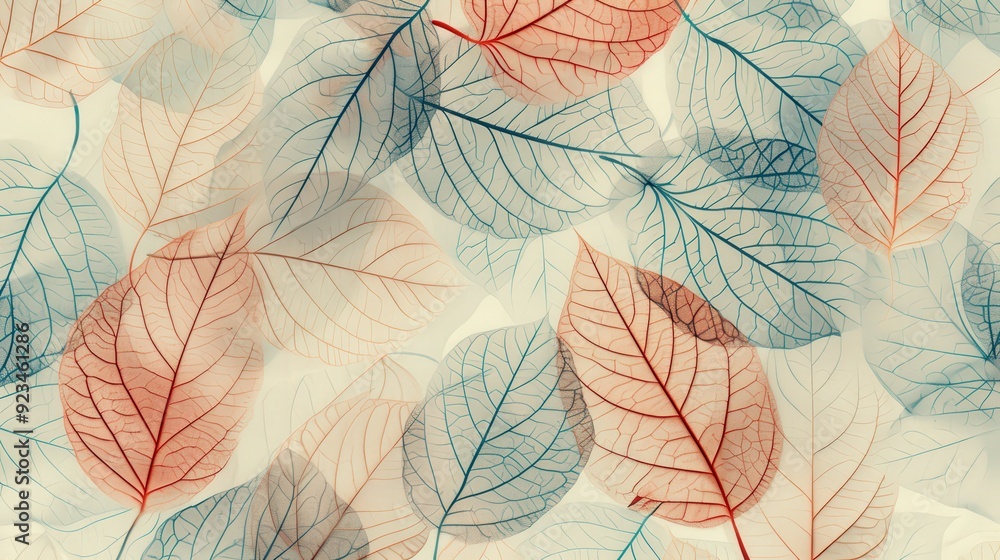 Poster an intricate leaf pattern with overlapping leaves and detailed vein patterns