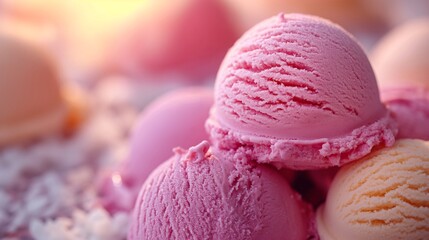 Pink ice cream scoops with blurred background. Summer dessert concept. Image for menu, packaging, and advertising. Close up view with copy space.