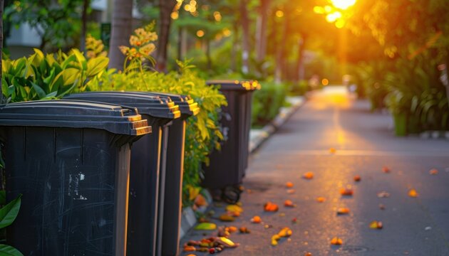 Trash bins lined along a path as sunlight glimmers through lush greenery at sunset