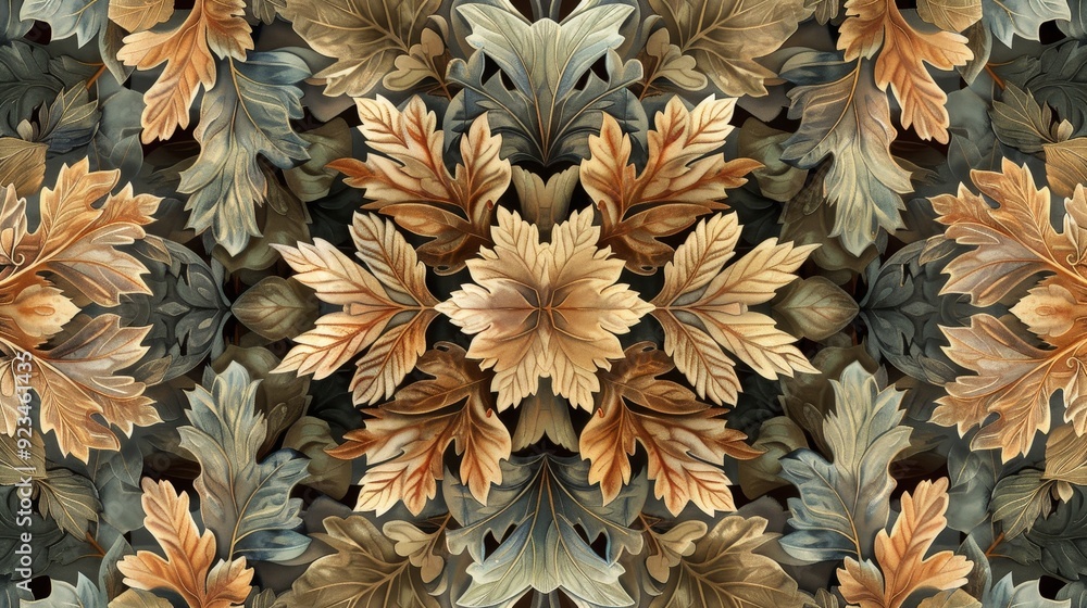 Poster an intricate leaf pattern with various leaf shapes and sizes arranged in a repeating, symmetrical de