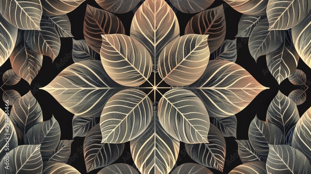 Poster an intricate leaf pattern with various leaf shapes and sizes arranged in a repeating, symmetrical de