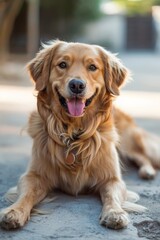 A golden retriever dog lies on the ground with a thoughtful expression, showcasing the beloved breed's characteristic gentle nature and loyal companionship towards humans.