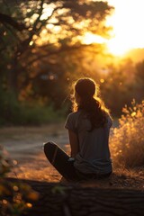 A woman wearing a casual outfit is seen sitting peacefully outdoors facing the sunset; the atmosphere is tranquil and suggests a reflective, serene moment in a natural setting.