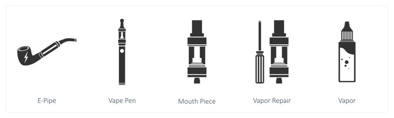 A set of 5 vaping icons as e pipe, vape pen, mouth piece