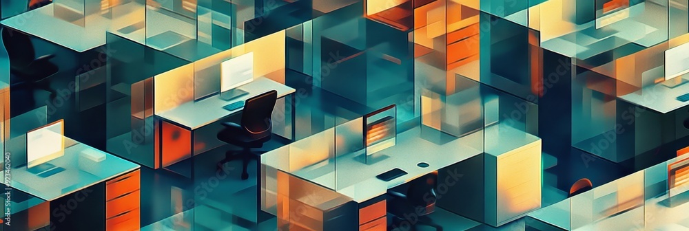Poster this abstract image depicts a modern office space with cubicles composed of geometric shapes and vib