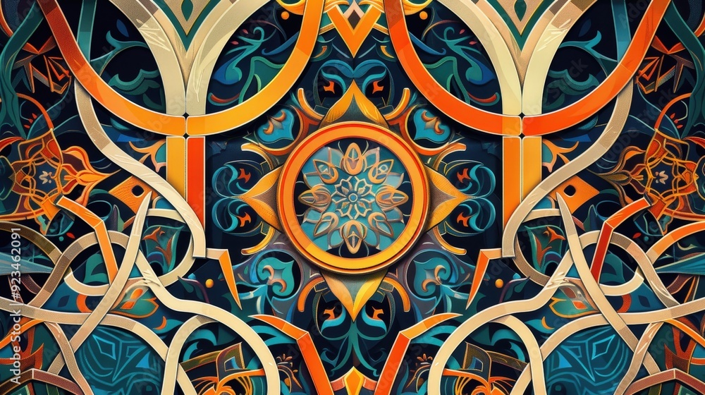 Poster an ornate arabic design with a combination of geometric patterns and flowing curves