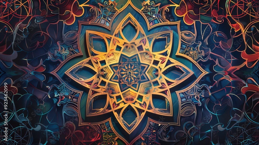 Poster an ornate arabic design with a combination of geometric patterns and flowing curves