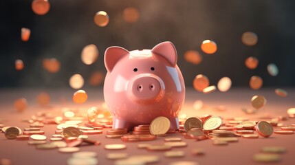 Piggy bank with coins on old wooden table. Neural network ai generated art