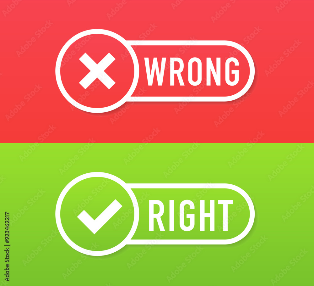 Poster check mark green and cross red. realistic right and wrong button. quiz rating icons. vector illustra