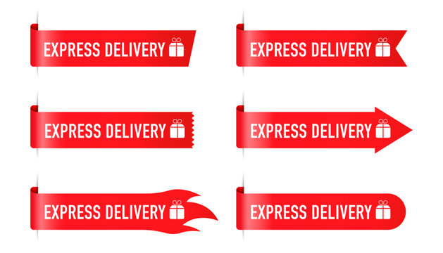 Express delivery label design sale promotion collection. Red ribbons, tags and stickers. Free delivery shipping transport sign vector. Vector illustration