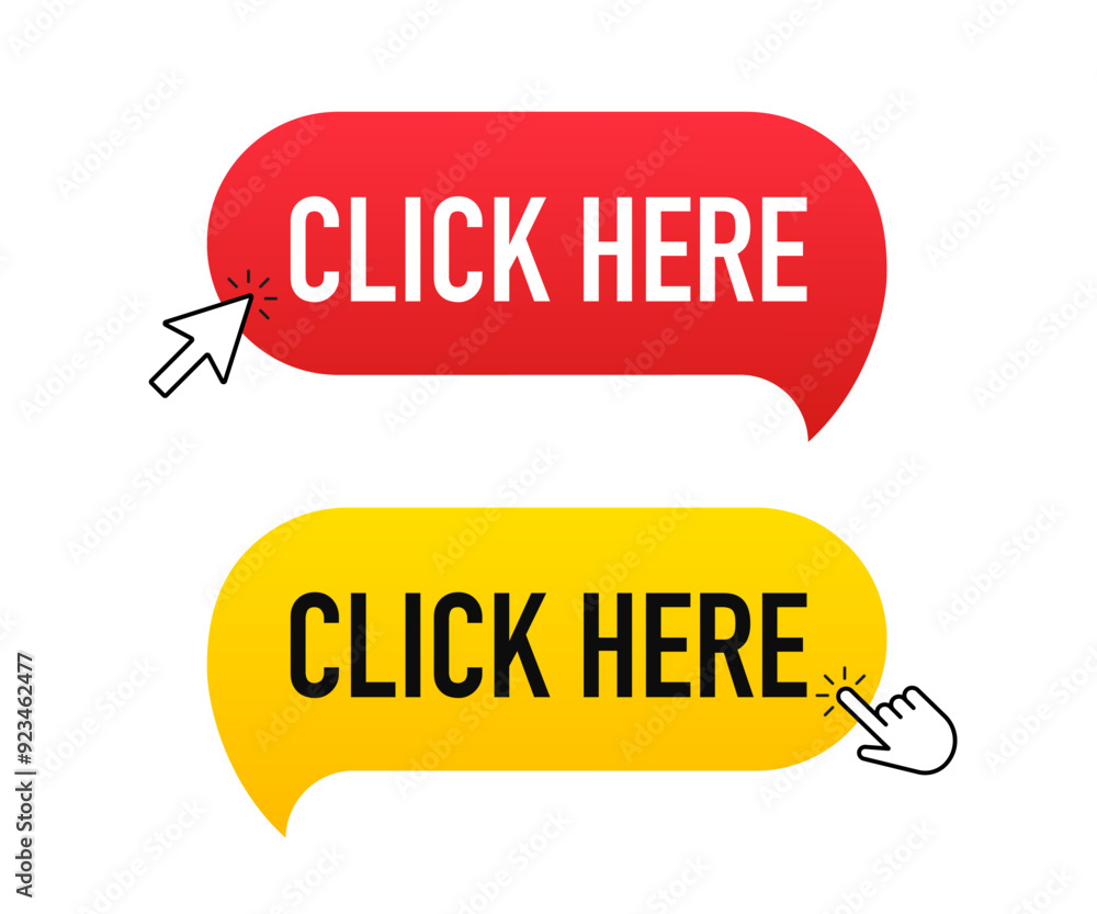 Poster click here button with arrow pointer. computer mouse cursor icon. cursor click, pointing hand clicki