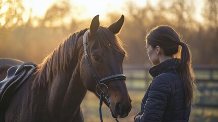 Obraz premium Veterinarian Examining a Calm Horse in a Rural Setting with Advanced Technology