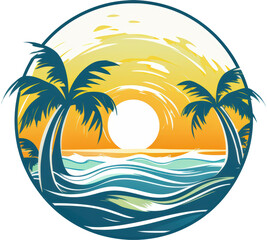 Obraz premium A stylized illustration of a tropical sunset with palm trees and ocean waves.