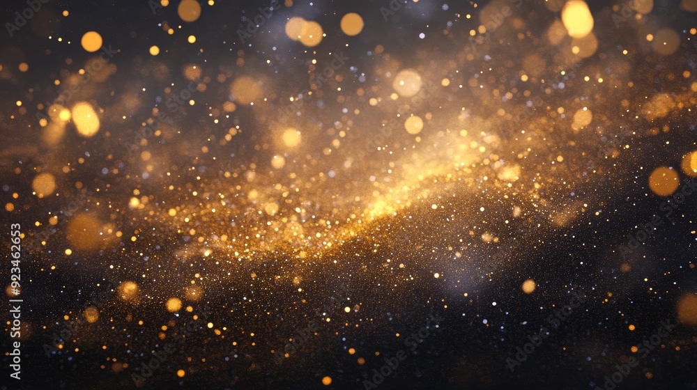 Poster this image features a mesmerizing abstract background with a wave of gold glitter and scattered boke