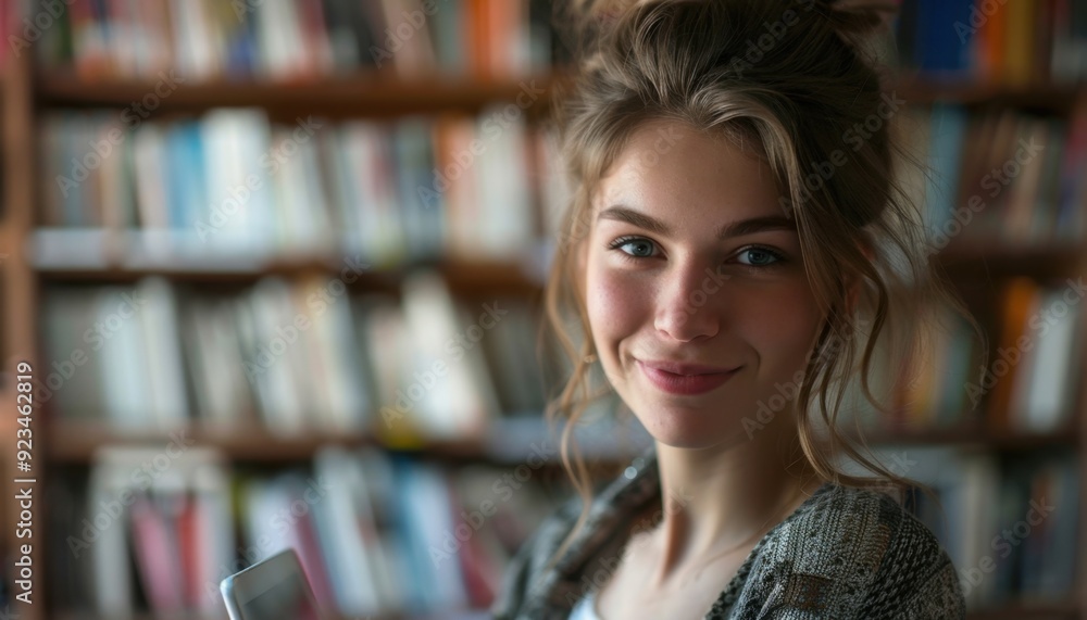 Wall mural Young woman smiling while holding a smartphone in a cozy library setting