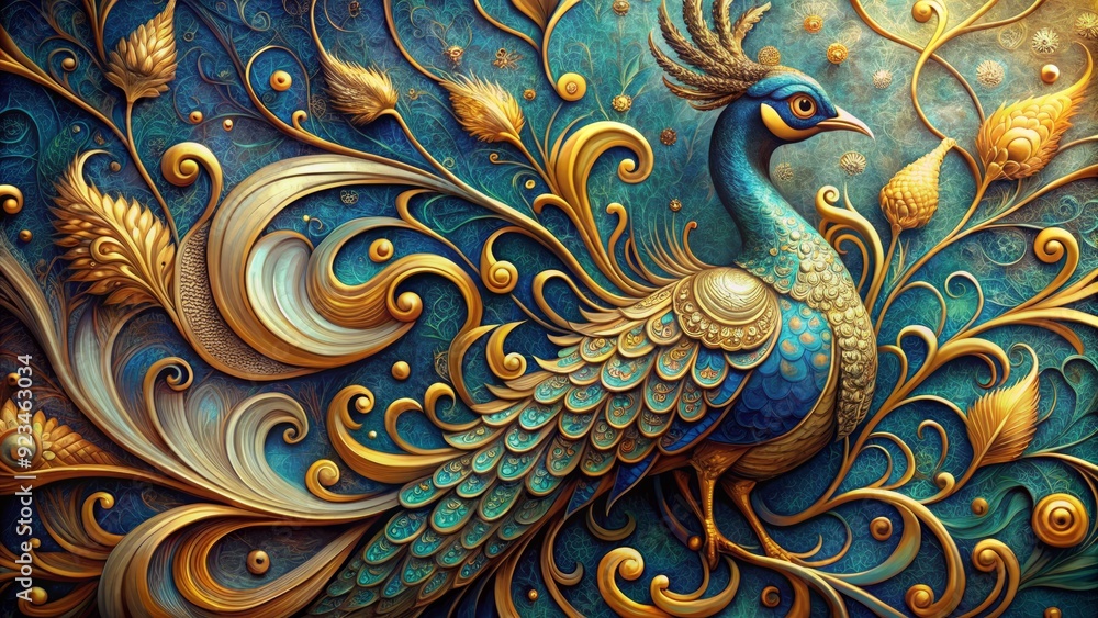 Poster vibrant peacock blue and gold ink flows swirl together, creating an opulent and regal abstract desig