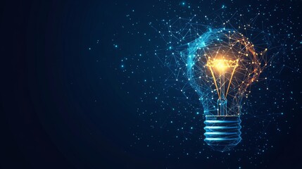 Electric light bulb bright polygonal connections on a dark blue background. Technology concept innovation artificial intelligence brainstorming business success