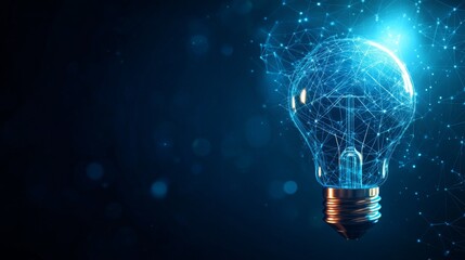 Electric light bulb bright polygonal connections on a dark blue background. Technology concept innovation artificial intelligence brainstorming business success