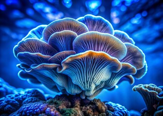 Vibrant blue background showcases an extraordinary close-up of a mushroom with intricate Giant clam shell texture, showcasing nature's fascinating macro details in stunning clarity.