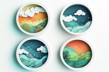 Set of four circular paper-cut landscape illustrations with vibrant colors and minimalistic designs