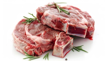 Fototapeta premium Two lamb chops shoulders, each cut in half and marbled with fat on a white isolated transparent background. Food photography.