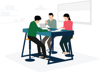 Business team working, discussing ideas for task. People meeting at desk in office. illustration for office work, teamwork, workspace concept, illustration, vector, 