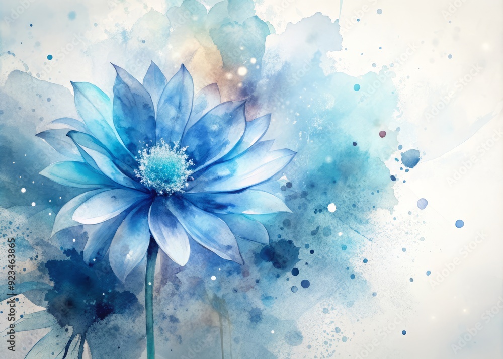 Poster elegant abstract art background featuring a stylized blue watercolor flower on a white and transpare