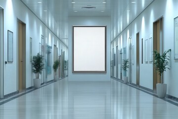 Obraz premium A mockup of an empty white poster on the wall in modern hospital waiting room with comfortable chairs and medical equipment. empty white blank poster on white wall in hospital, white board