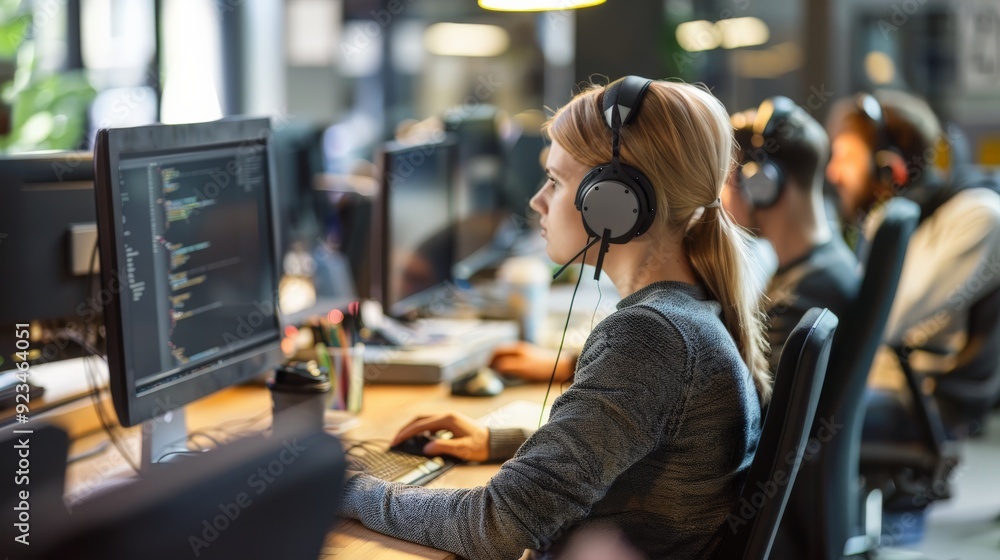 Poster A programmer concentrates on coding at a computer in a modern office, wearing headphones, capturing the intensity, focus, and meticulous nature of software development work.