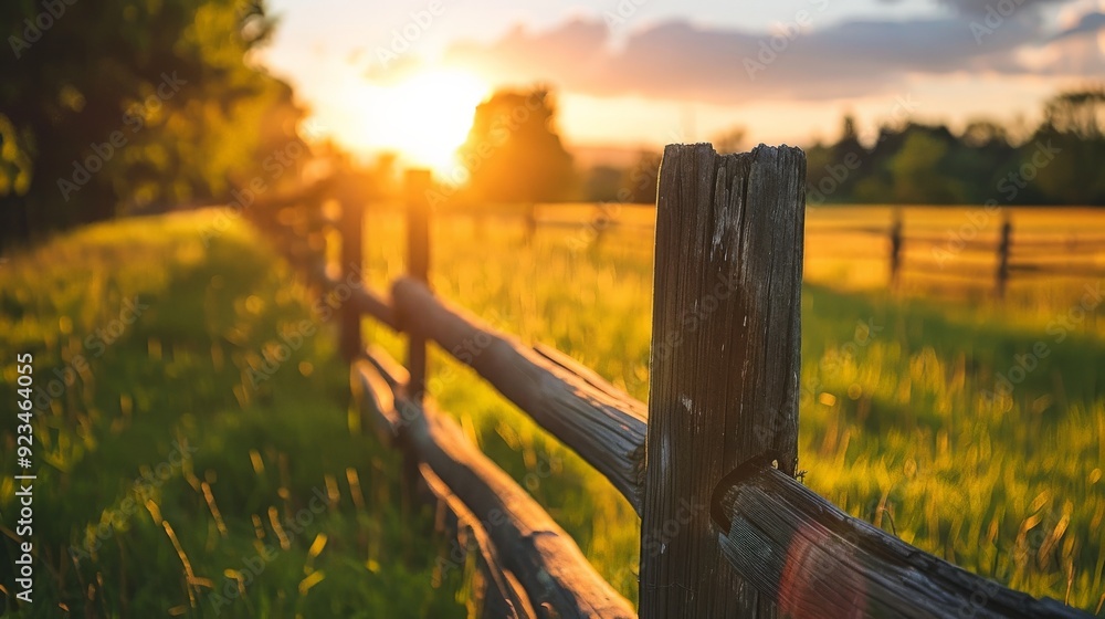 Aufkleber a picturesque countryside scene featuring a wooden fence illuminated by the warm light of a setting 
