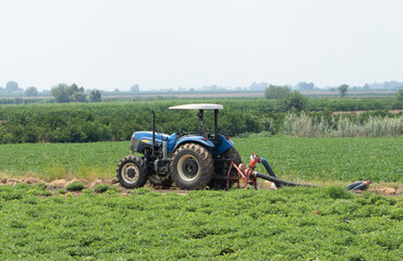 Fototapeta premium A tractor pumping water from a well for sprinkler irrigation in a peanut field