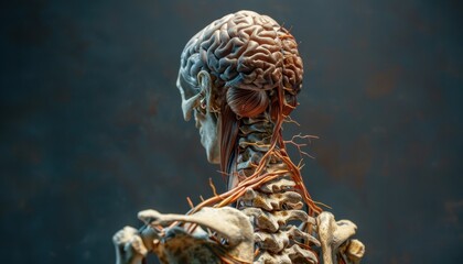 Detailed anatomical study of a human skeleton showcasing brain and spinal structure