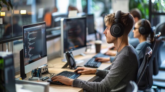 A focused coder with headphones is working on a desktop computer in an open office space, surrounded by teammates in a collaborative and modern work environment.