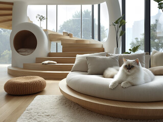 white cat lounges on a plush round bed in a modern, minimalist living room with large windows and wooden accents. The room features sleek, curved furniture and plenty of natural light.