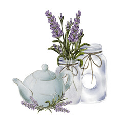 Soft lavender arrangement with teapot and glass jars on a white background
