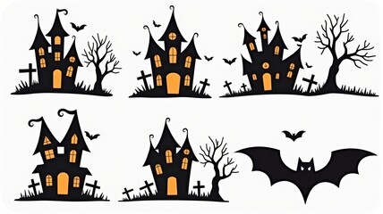 Spooky Halloween Haunted House Illustrations with Bats, Ghostly Trees, and Gravestones