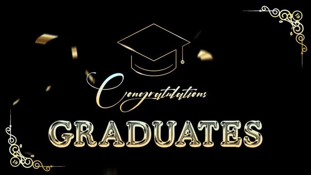Congratulations Graduates animation. Animated text with particles in a golden shiny effect. Suitable for greeting graduation, messages, and Online invitaion.