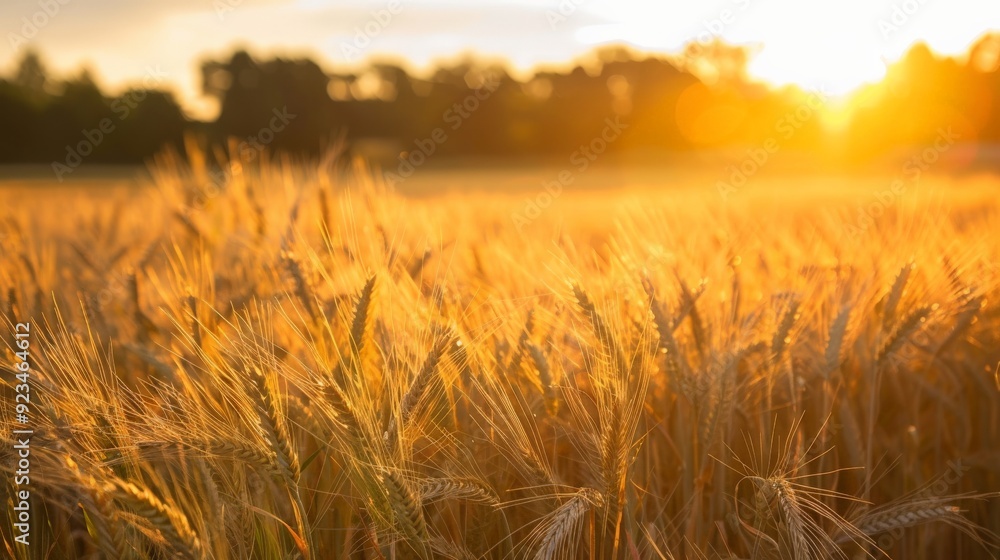 Poster A serene golden wheat field basking in the warm light of the setting sun, creating a tranquil and idyllic rural landscape scene during the evening.