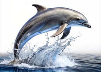 Majestic silver dolphin leaping out of uncharted waters, frozen in mid-air, isolated on a pristine white background, exuding freedom and aquatic splendor.