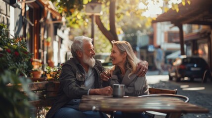 An elderly couple sharing a loving moment at an outdoor café, sipping drinks and enjoying the ambient outdoor surroundings during a warm evening, representing companionship and relaxation.