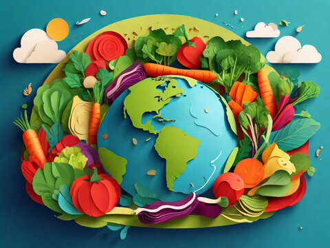 GENERATIVE AI, Culinary tourism concept vector illustration. Paper cut craft style planet Earth globe and healthy fresh vegetables. Cooking food ingredients. Gastronomic tour. Travel food experience. 