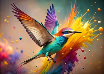 Fototapeta premium Vibrant bird in mid-flight, wings spread wide, stunning multicolored paint splatters resembling abstract art adorn its feathers, set against a soft, blurred background.