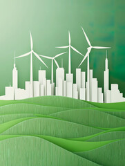 wind turbines on grassland with the background of city skyline, new energy for city environment protection concept