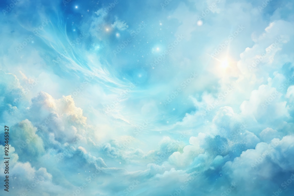 Poster soft, ethereal blue abstract watercolor clouds texture background with delicate wispy strands and su