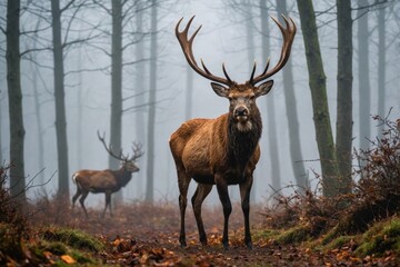 Obraz premium Red deer nature wildlife animal walking in a fog background